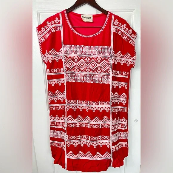 NWOT Savanna Jane Large L Red Embroidered Dress S/S Midi Boho Women’s - Picture 2 of 10